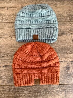 CC Boutique Blue and Orange Knit Beanie Set